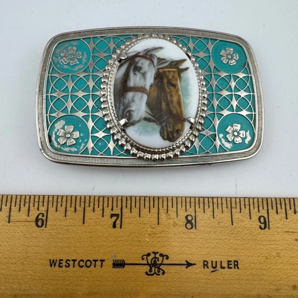 Belt Buckle Teal Western Equestrian Horse Cameo Enamel Floral